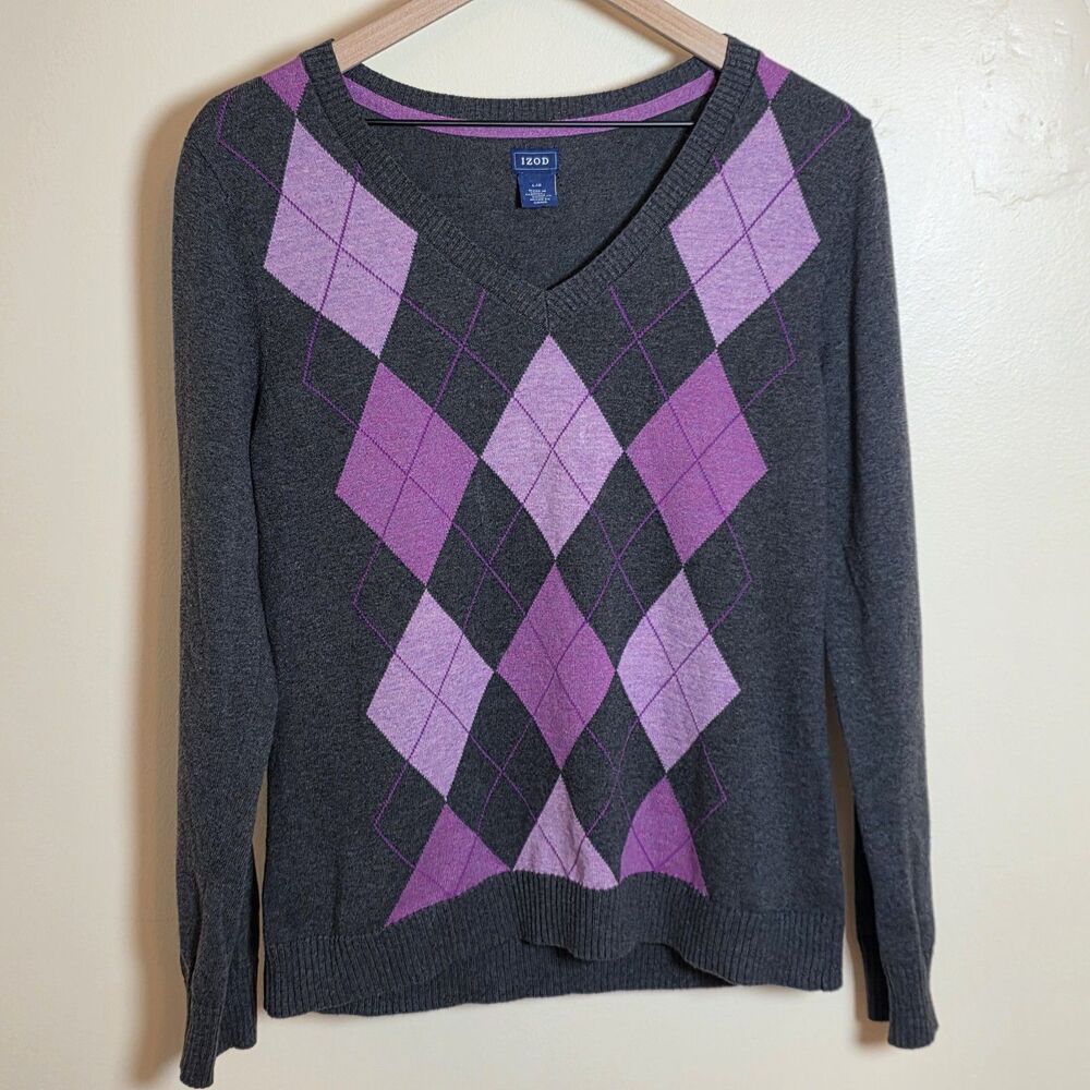 Izod Sweater Argyle Cotton Grey Purple Women's Preppy Classic Lightweight Large